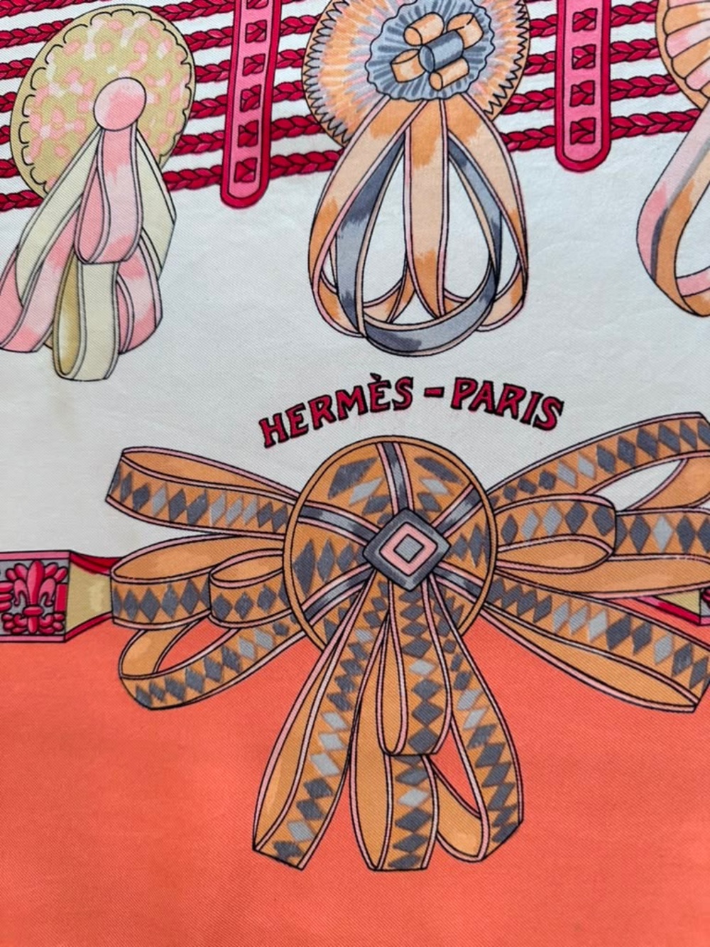 Hermes Coral, Cream & Red Ribbon Motif Silk Scarf - Picture 7 of 14